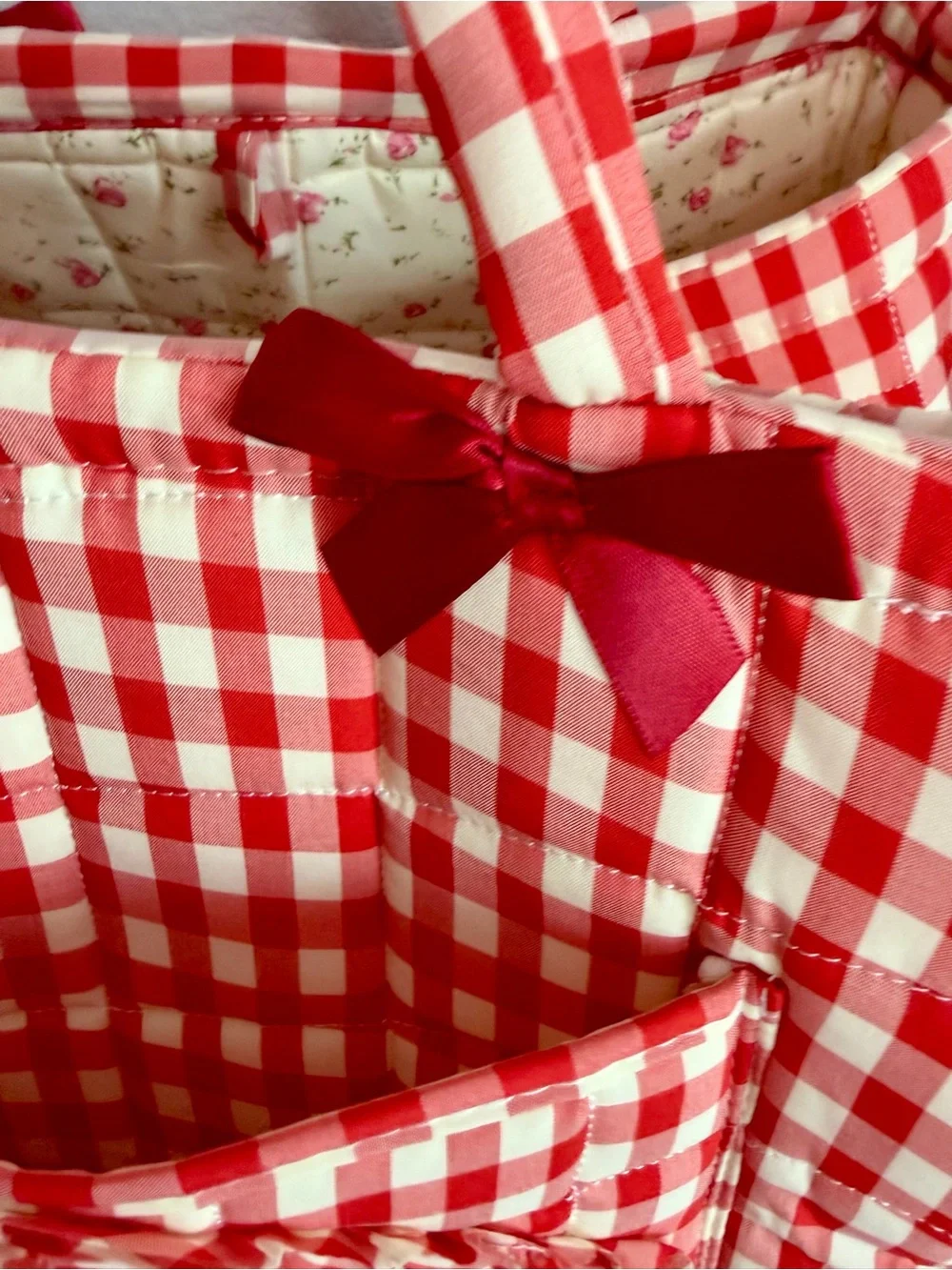 Red Gingham Check Lined Foldable Washable Storage Travel Baby Teacher Bag Tote